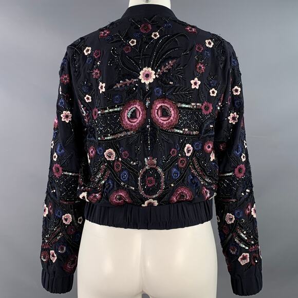 NEEDLE AND THREAD Size 4 Navy Burgundy White Embroidered Floral Bomber Jacket - Picture 4 of 14